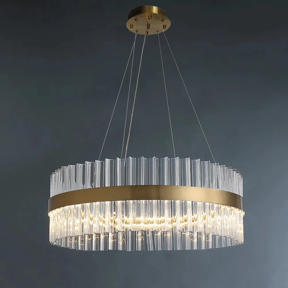 Fixedo Modern Glass Chandelier with Round Frame in Brass and Adjustable Cables