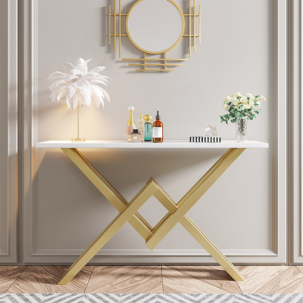 1200mm Narrow Rectangle White Console Table with Wooden Top and Gold Metal Base