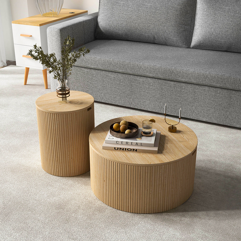 16" Japandi Round Wood Coffee Table with Storage in Natural