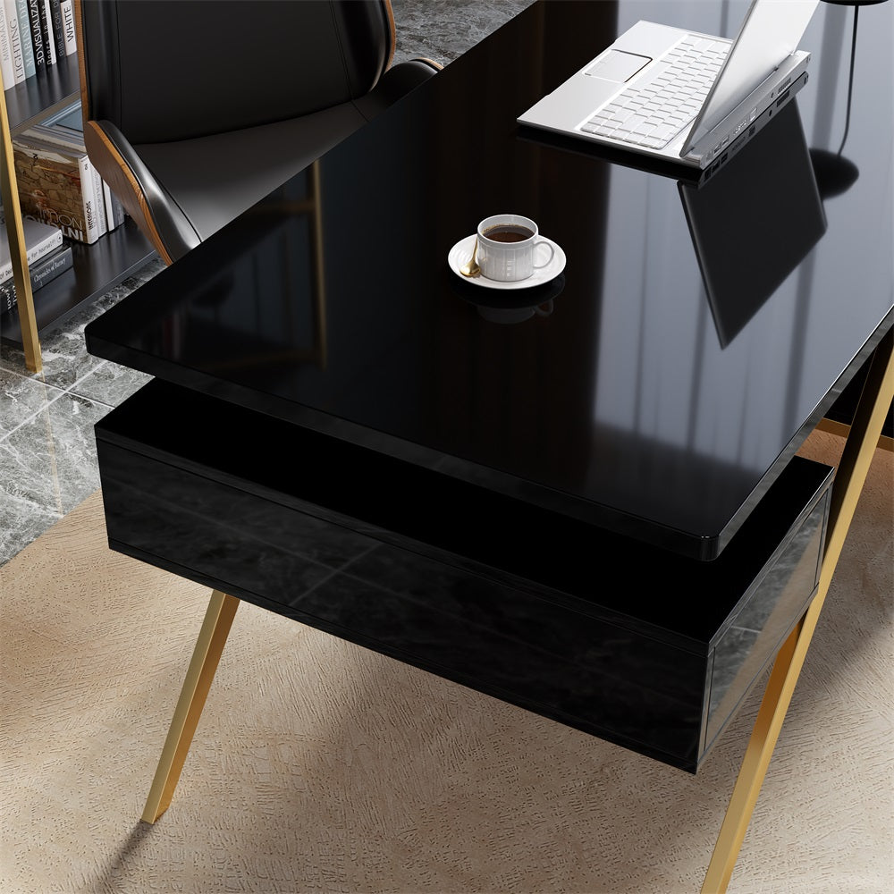 Hungled 1800mm Modern Black & Gold Office Wood Executive Desk with Storage File Cabinet