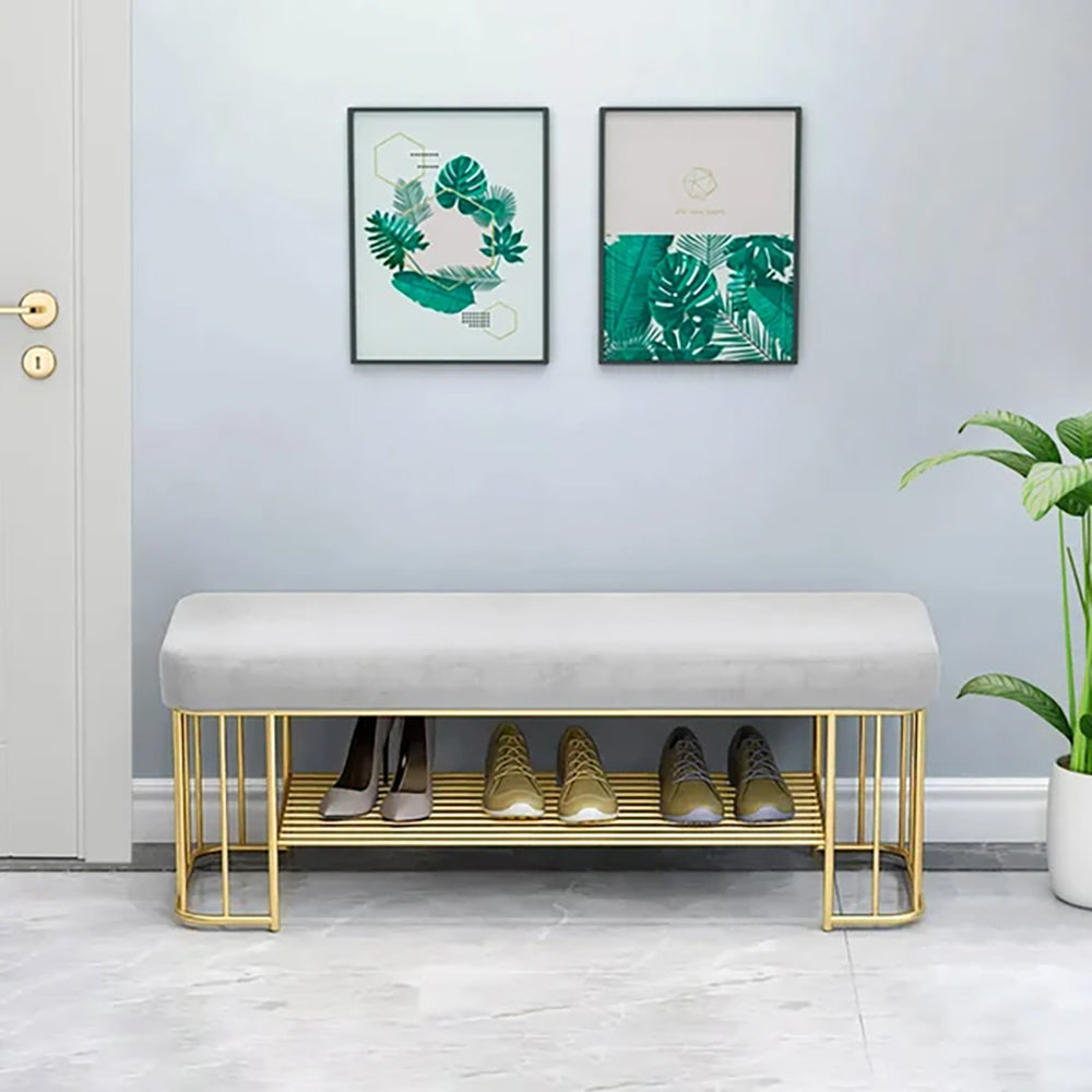 Modern Grey Hallway Bench with Shoe Storage Velvet Upholstered with Gold Frame and Shelf