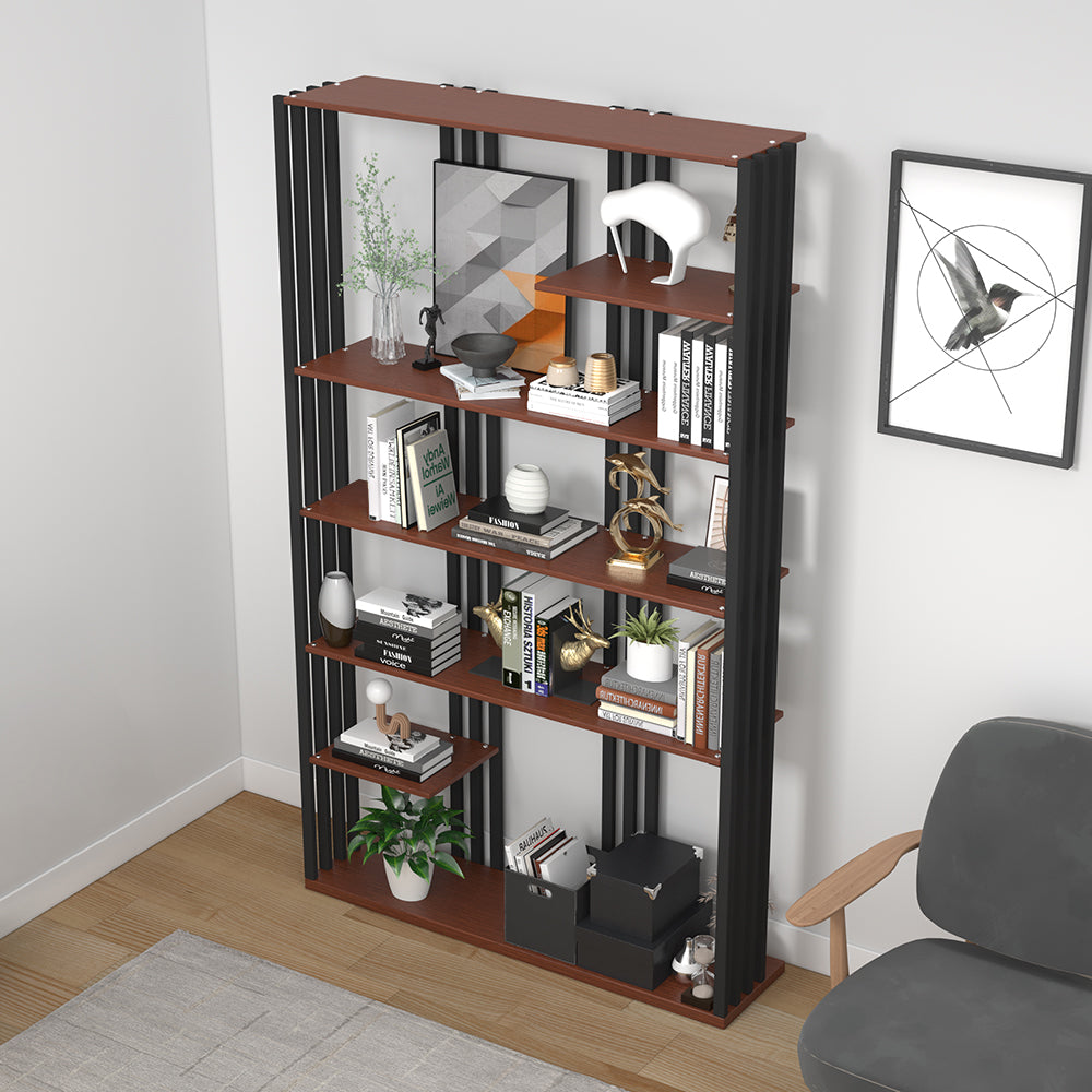 2000mm Industrial Black Walnut Etagere Bookshelf Display Shelving Tall Book Shelf in Ste