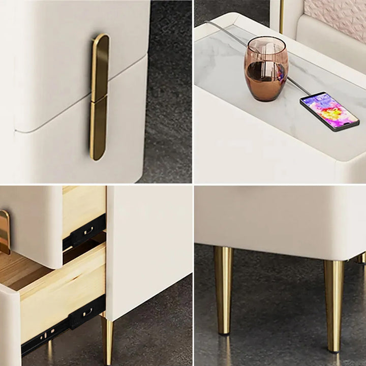 Inarrow Modern Beige Nightstand Bedside Table with 2 Drawers in Gold Legs