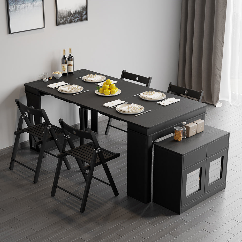 Dining Table Set 70.9" Rectangle Extendable Dining Table with Storage Sideboard Farmhouse Style Black & 4 Chairs