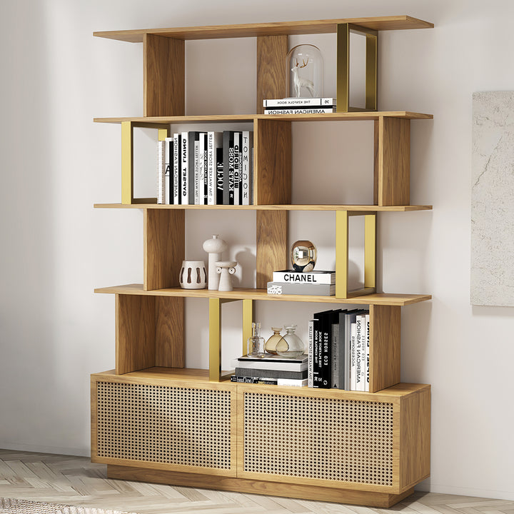 5-Tier Natural Wood Bookshelf with 2 Doors Modern Bookcase in Gold Finish