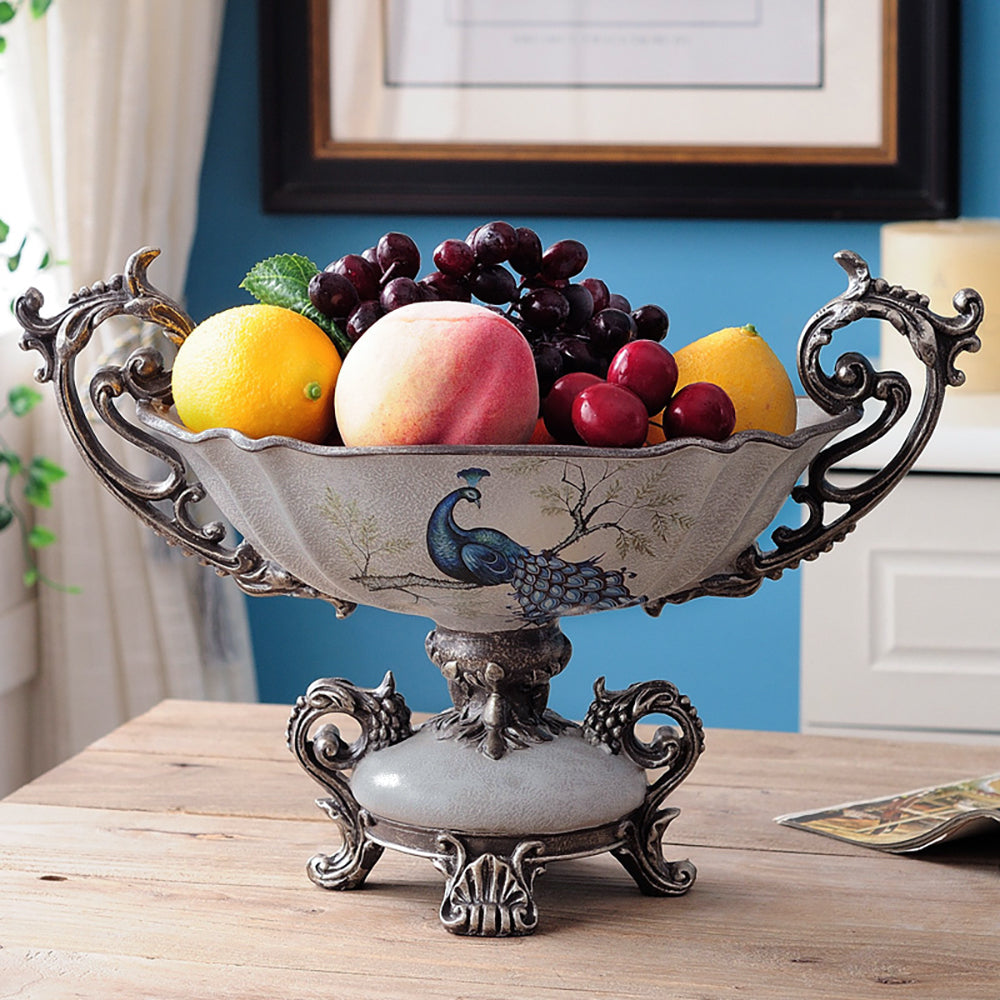 Grey & Blue Resin Fruit Basket Bowl Decor Snack Tray Storage with Handle