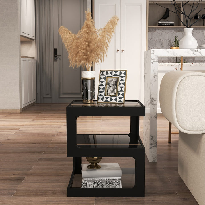 Modern Glass Side Table with 3 Tiers S-shaped End Table in Black