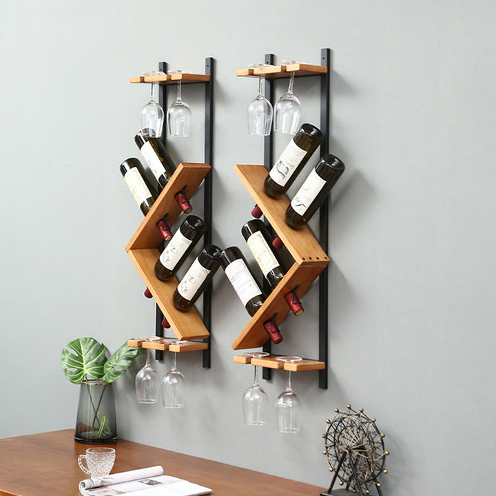 Modern Wall Mounted Wood Wine Rack 4-Bottle & 4 Wine Glass Rack Stemware Holder Rack