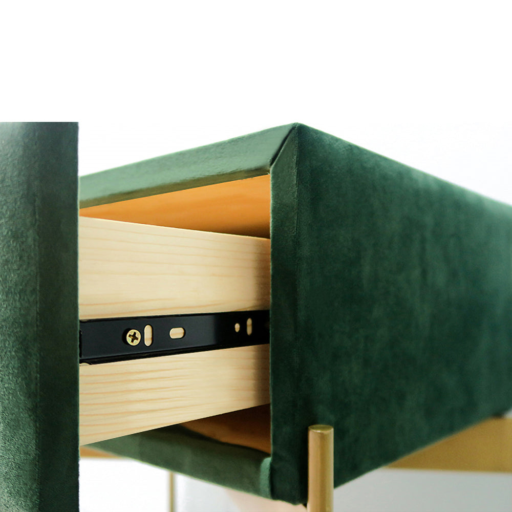 Green Bedroom Bedside Table with Drawer Velvet Upholstered and Stainless Steel Base