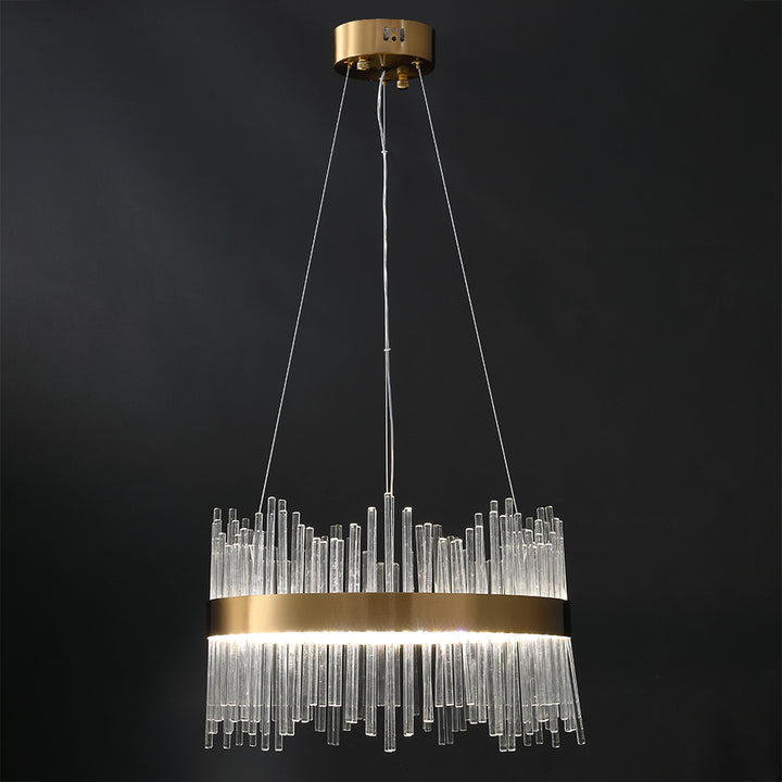 Striaged Modern Glass Chandelier with Round Frame in Brass with Adjustable Cables