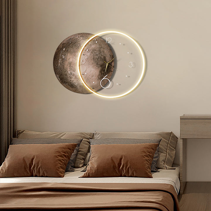 Round Modern Cool Brown Moon Large Wall Clock LED Light Wall Clock Wall Decoration