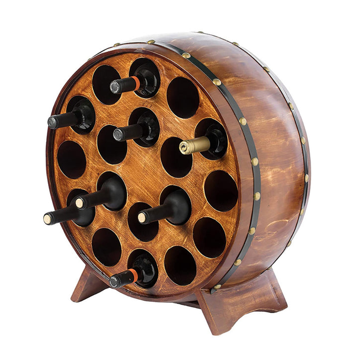 18 Bottles Vintage Wood Barrel Wine Rack Round Shaped Stackable Floor Wine Rack