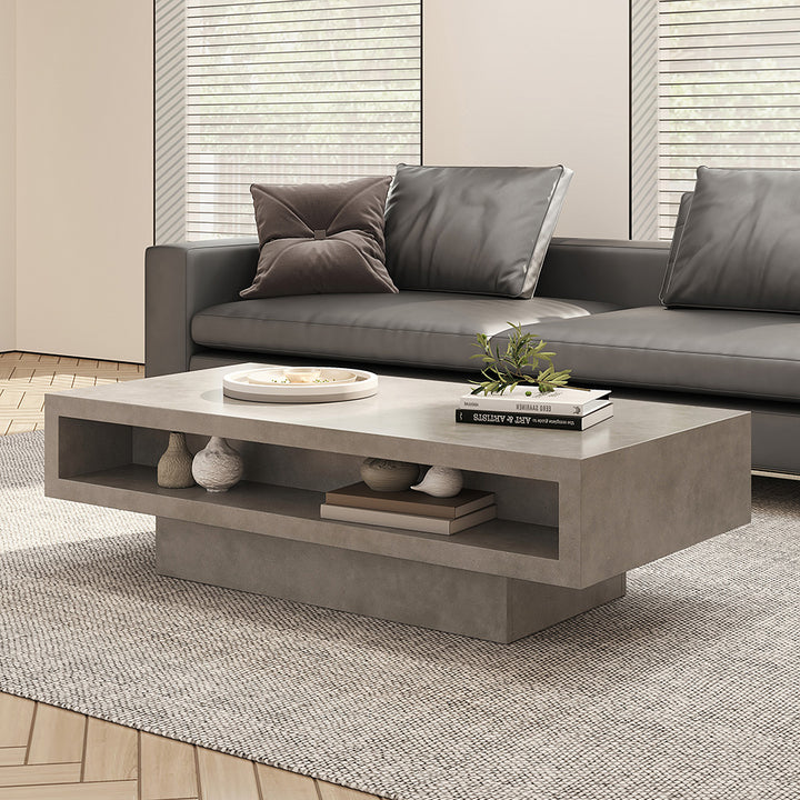 Japandi Rectangle Concrete Grey Coffee Table with 2 Drawers & Open Storage