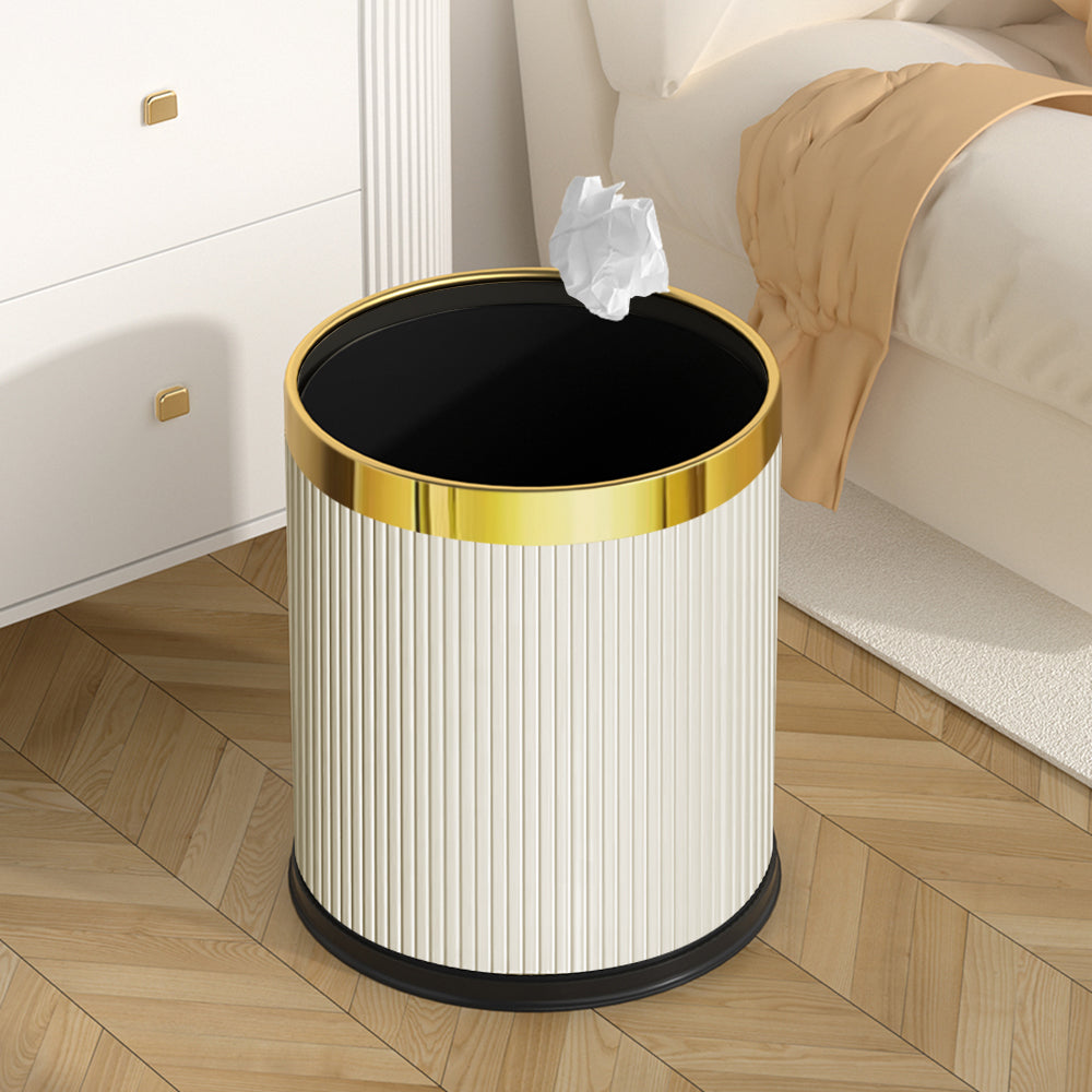 Gold & White Round Rubbish Bin Open Top PU Leather & Metal Garbage Can for Bathroom