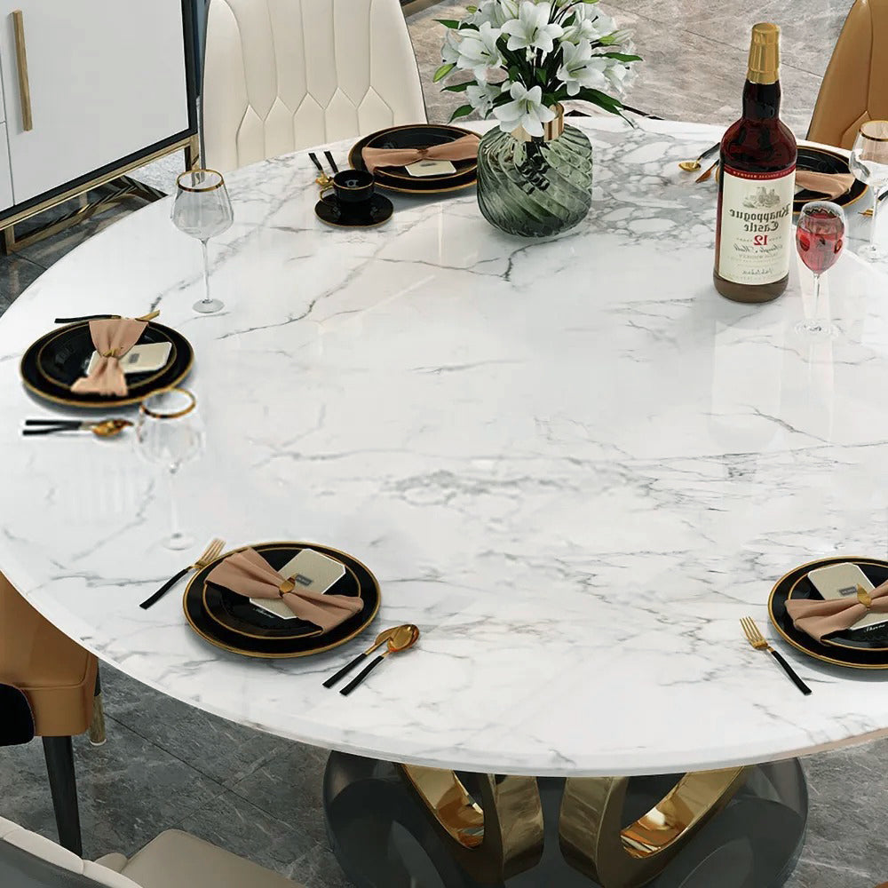 Round Dining Table Sintered Stone Top Gold & Black Pedestal for 6 Person Modern White