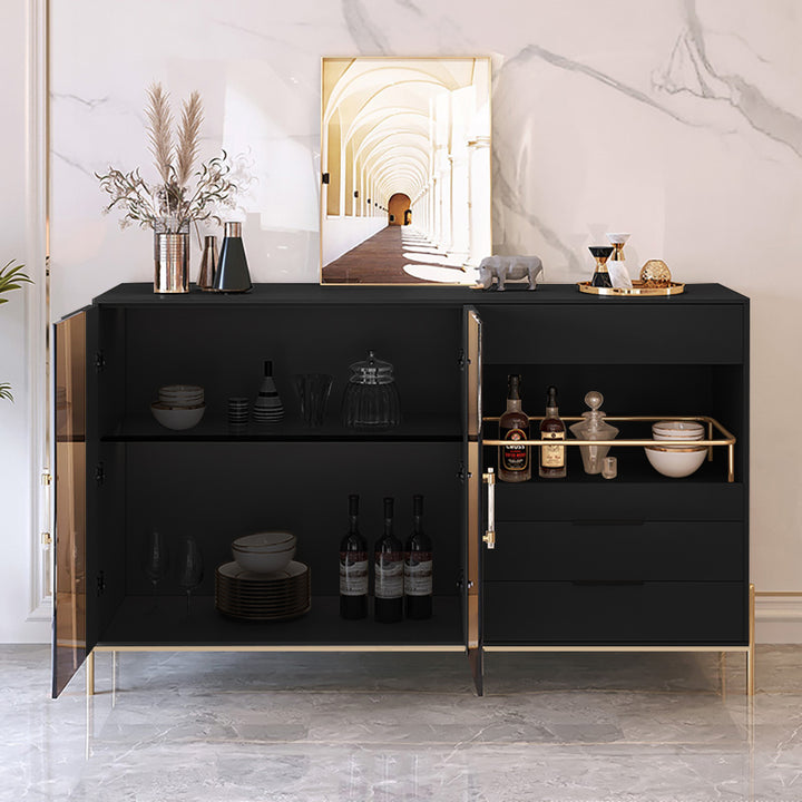 Dolawn Modern 55.1" Black Sideboard Buffet Tempered Glass Doors & Shelf Tray Wine Rack