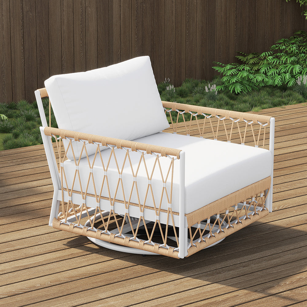 Ropipe Outdoor 360 Degree Swivel Chair with Hand Woven Rope in Khaki & White