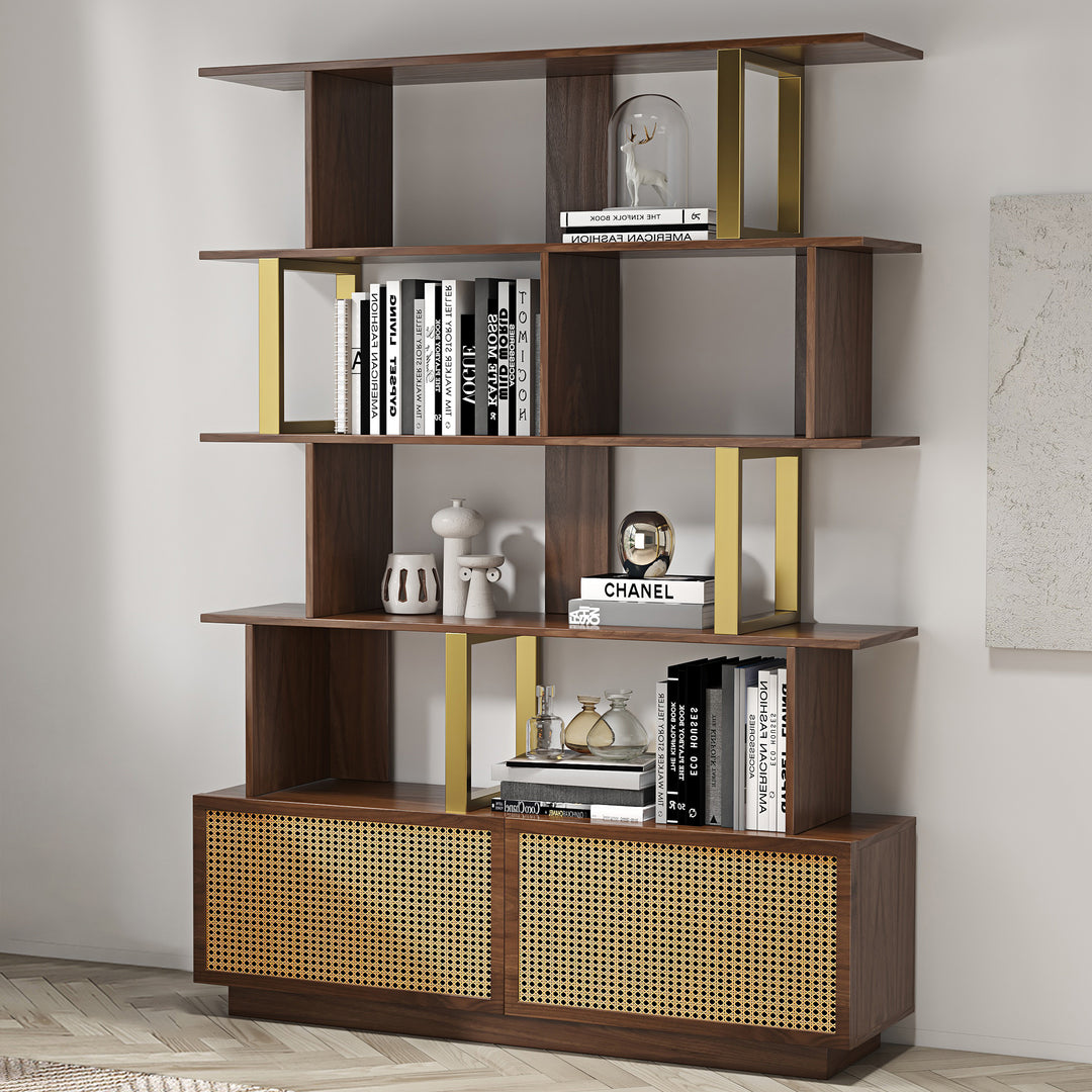 5-Tier Walnut Bookshelf with 2 Drawers Wooden Bookcase in Gold (64.8" High)