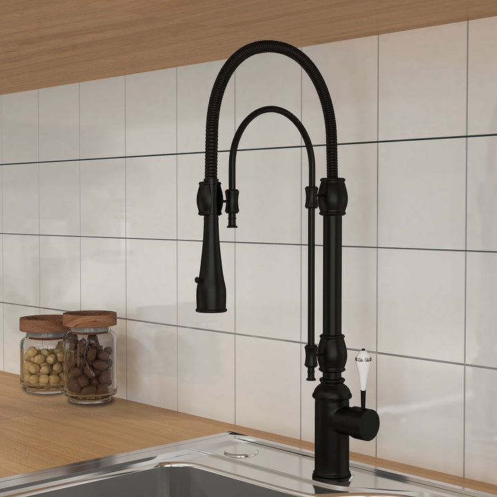 High Arc Dual-Mode Pull-Down Kitchen Faucet Solid Brass with Porcelain Handle