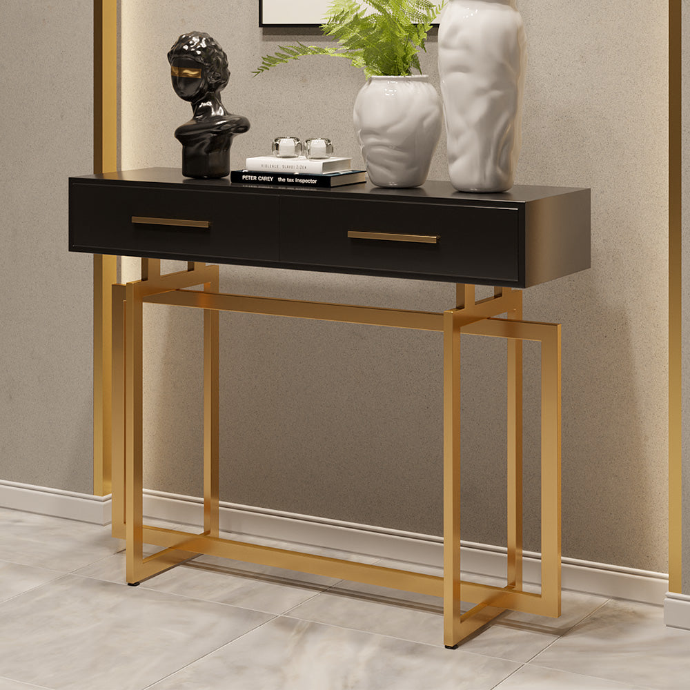 1000mm Modern Narrow Black Console Table with Storage Drawers and Metal Legs in Gold