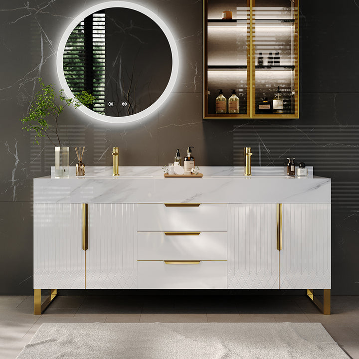 59" Bathroom Vanity Freestanding Cultured Marble Top with Double Sink Drawers & Doors White