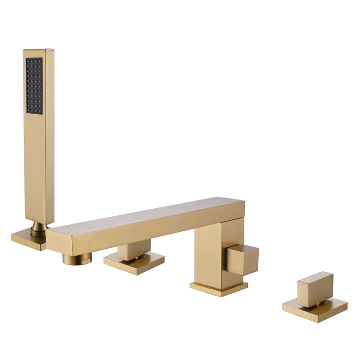 Deck Mounted Bath Filler Tap with Handshower Brushed Gold Swivel Spout