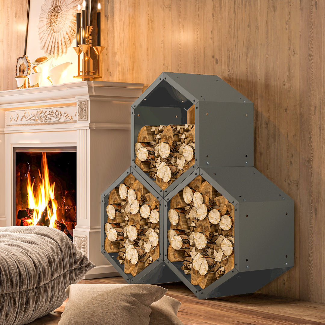 Three-Shelf Hexagon Metal Firewood Rack - Grey