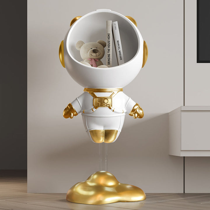 Floor Decoration Astronaut Figurine End Table Modern White & Gold Side Table with Storage