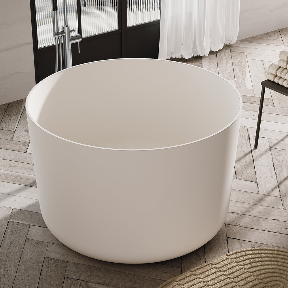 41" Freestanding Japanese Soaking Bathtub Matte White Round Stone Resin Tub