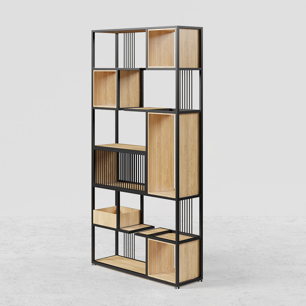 2000mm Modern Black Steel Geometric Bookcase 6-Tier Bookshelf Wooden Tall Book Shelf