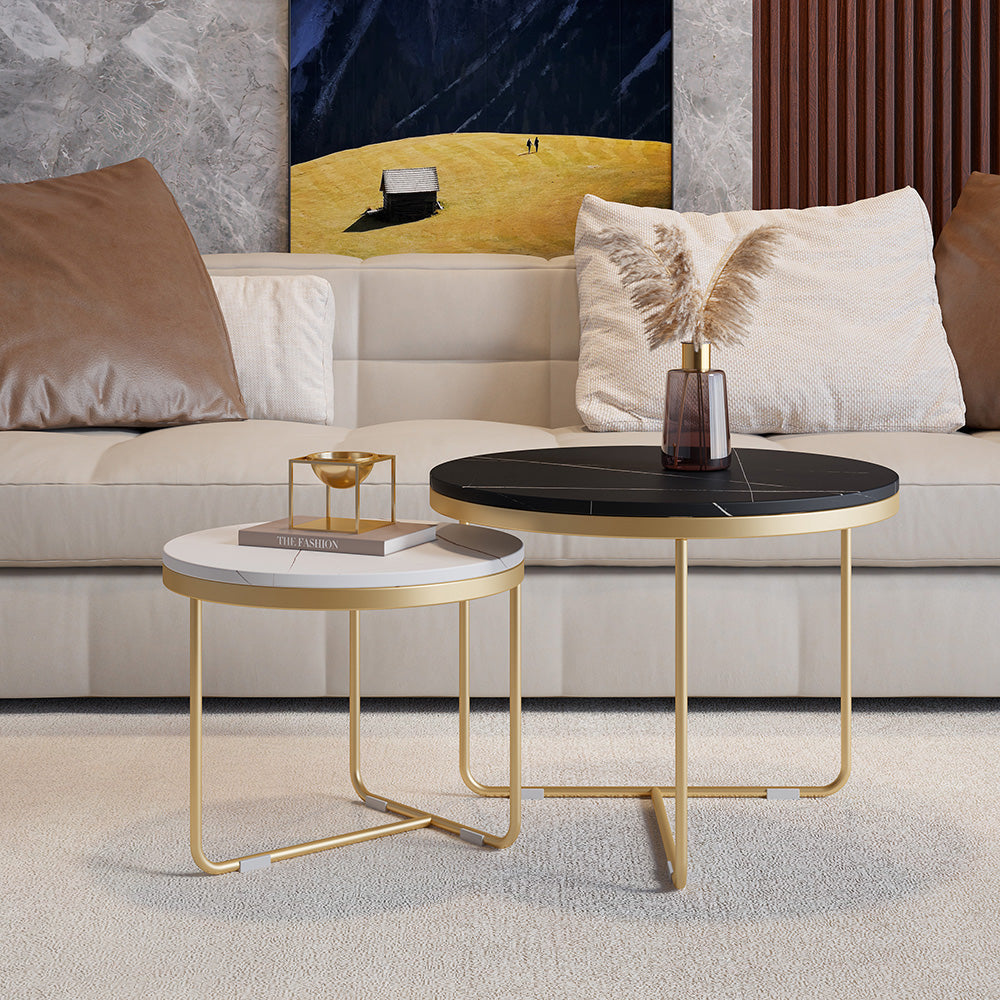 Round 2-Piece Nesting Set Sintered Stone Top Black and White Coffee Table with Metal Frame