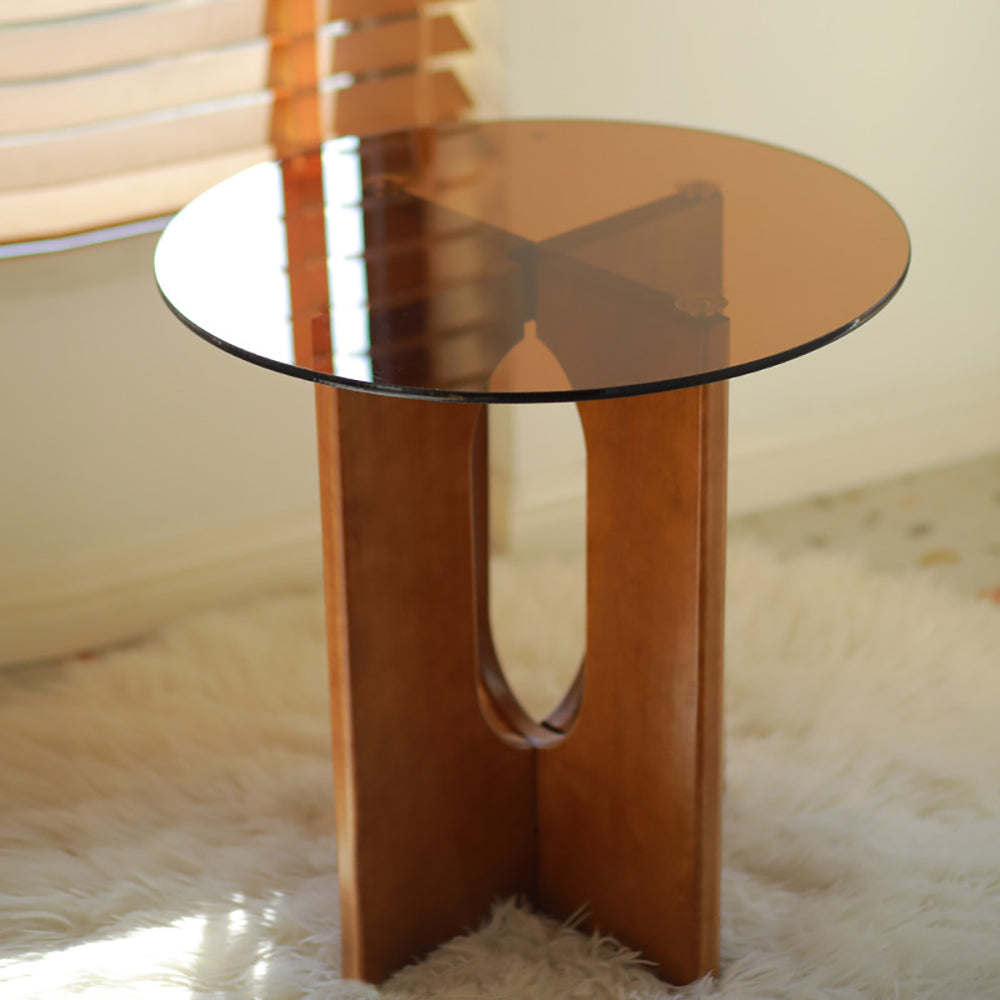 Tea Tempered Glass End Table Solid Wood Side Table