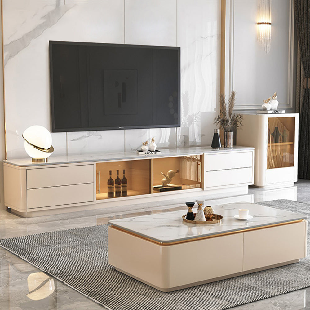 2200mm White Wood Rectangle TV Stand Sintered Stone Top 4-Drawer Glass Doors Cabinet