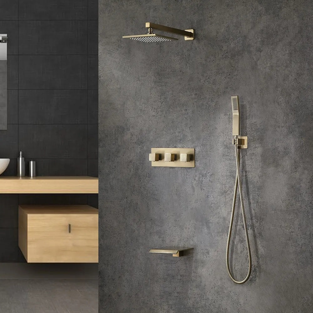 Moda Wall-Mounted 250mm Shower Set in Brushed Gold Rainfall 3 Function Solid Brass