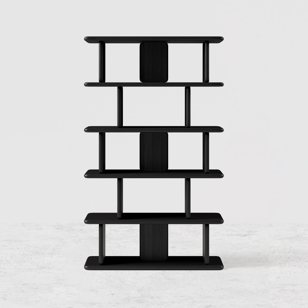 1700mm 5-Tier Black Wooden Bookshelf Japandi Etagere Geometric Bookcase Open Storage