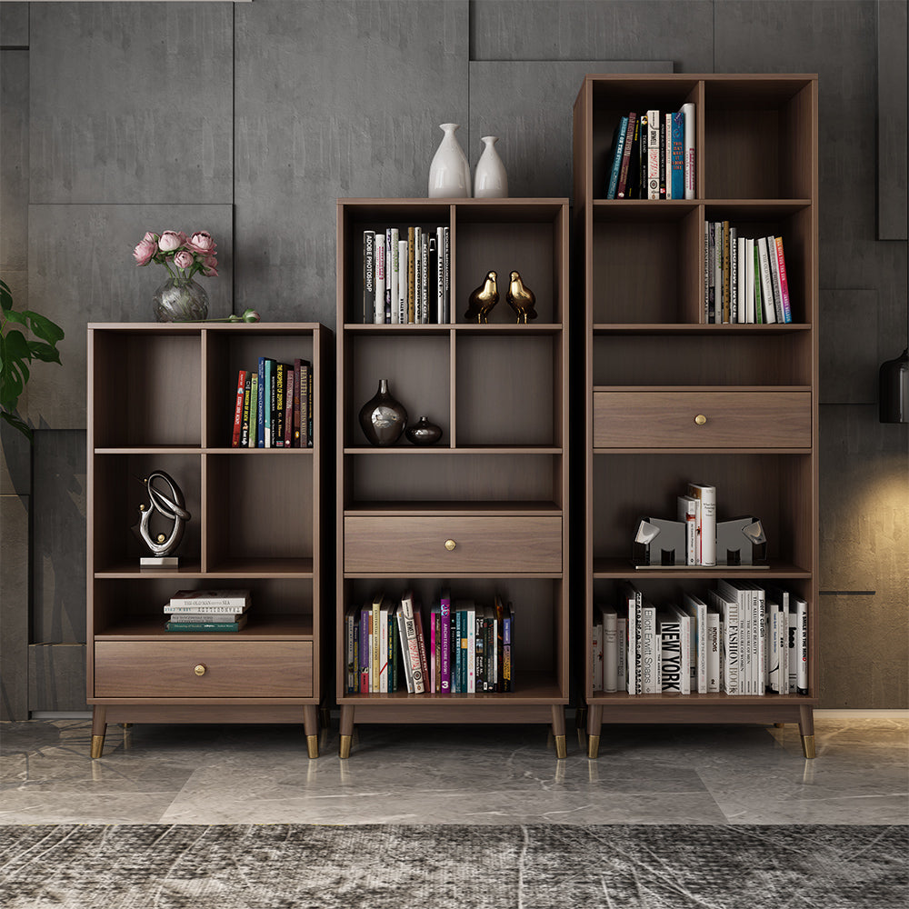 Ultic Modern Walnut Bookshelf Bookcase with Metal Frame and Drawer