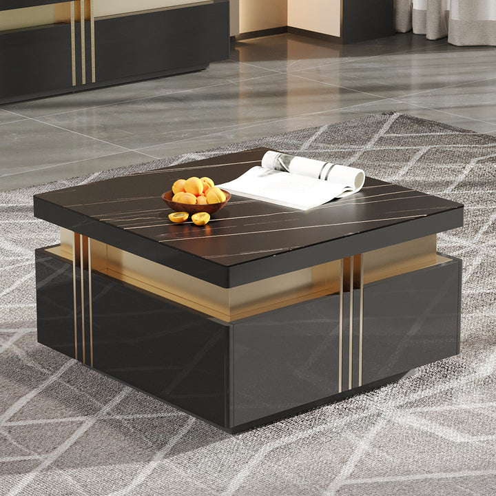 Trimied 700mm Modern Black Square Storage Coffee Table Stone Top & 4 Wood Drawers