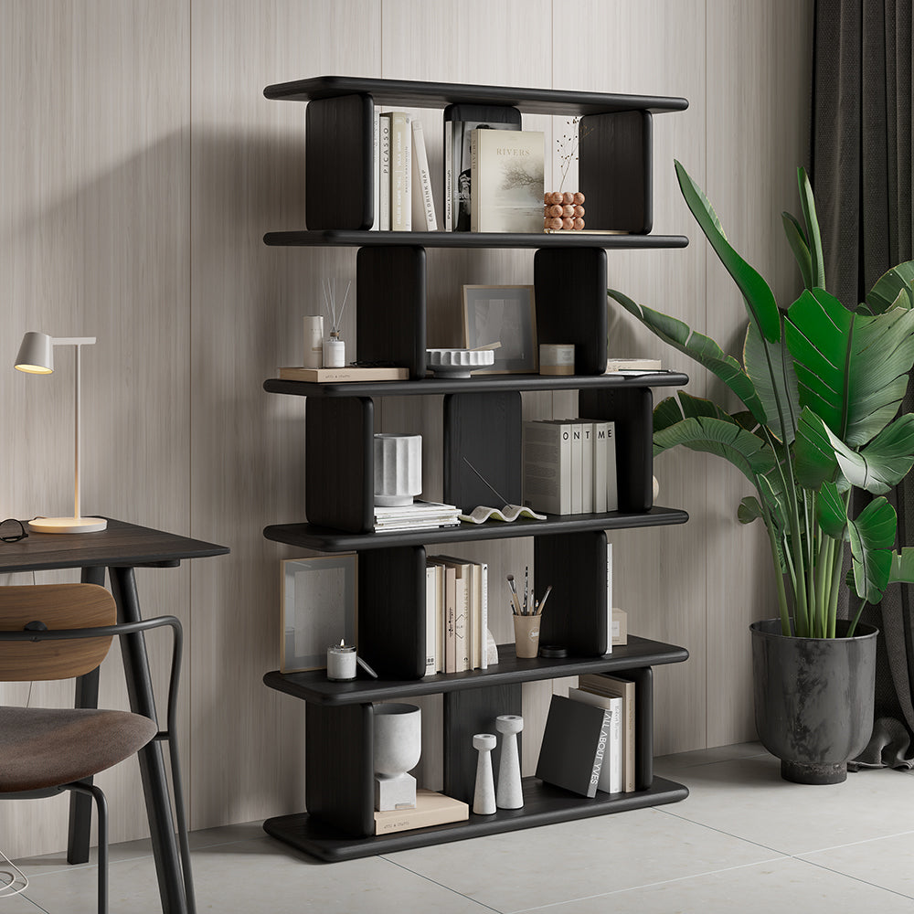 1700mm 5-Tier Black Wooden Bookshelf Japandi Etagere Geometric Bookcase Open Storage