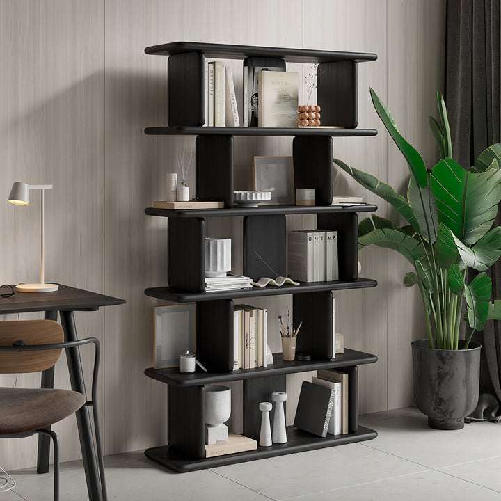 1700mm 5-Tier Black Wooden Bookshelf Japandi Etagere Geometric Bookcase Open Storage