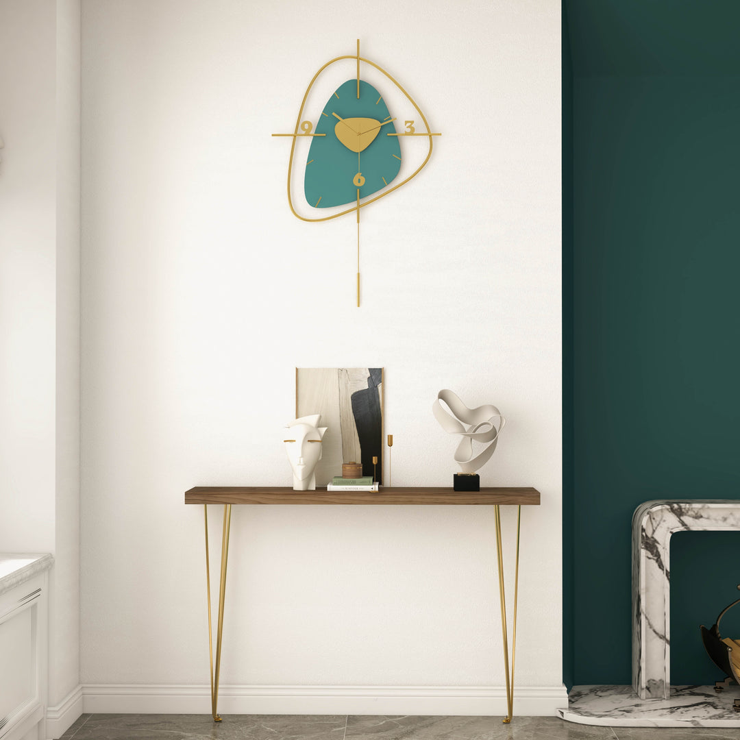 Dark Green & Gold Creative Scandinavian Wall Clock Metal Pendulum Mute Home Decor Clock