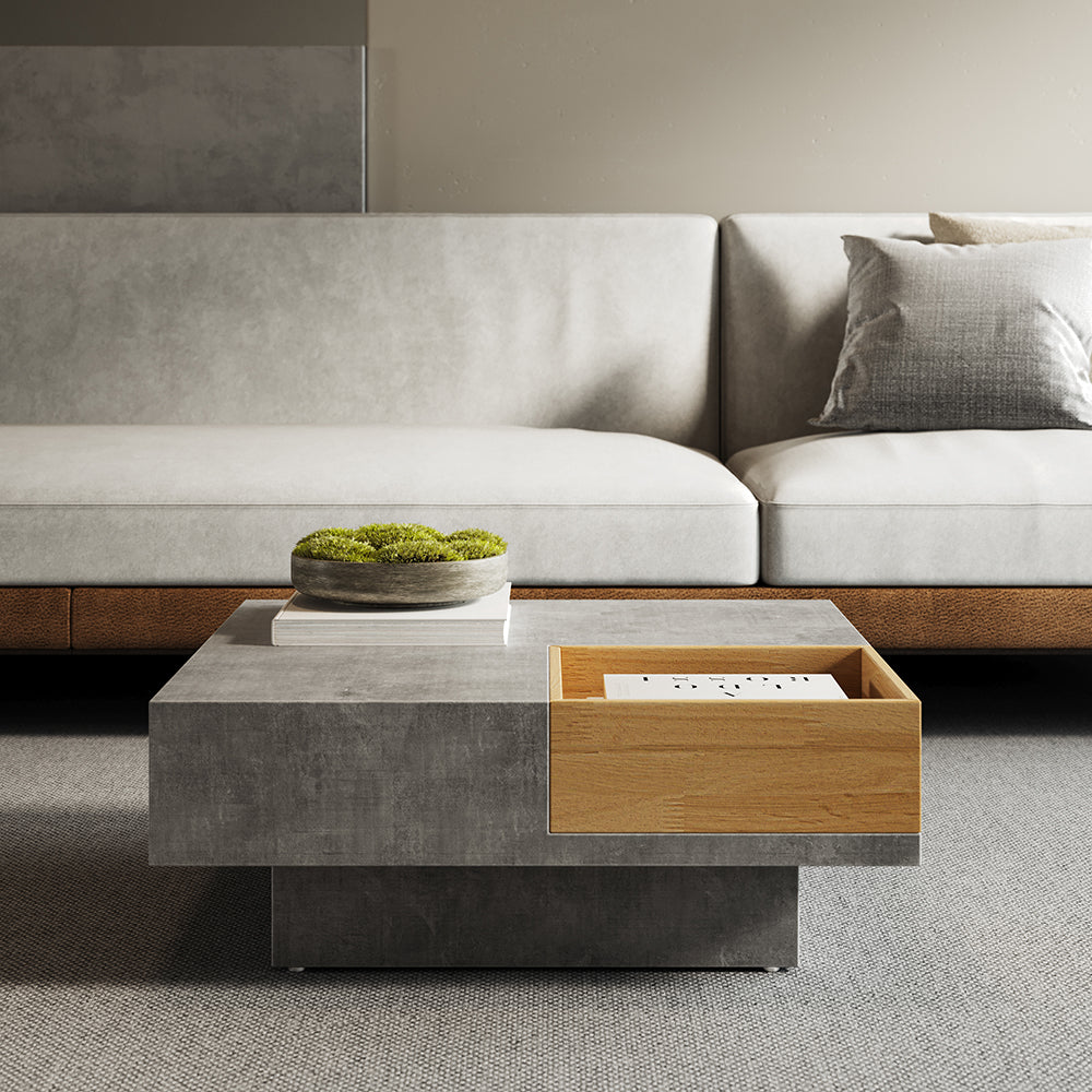 700mm Japandi Wooden Square Coffee Table with Open Storage Concrete Grey & Natural