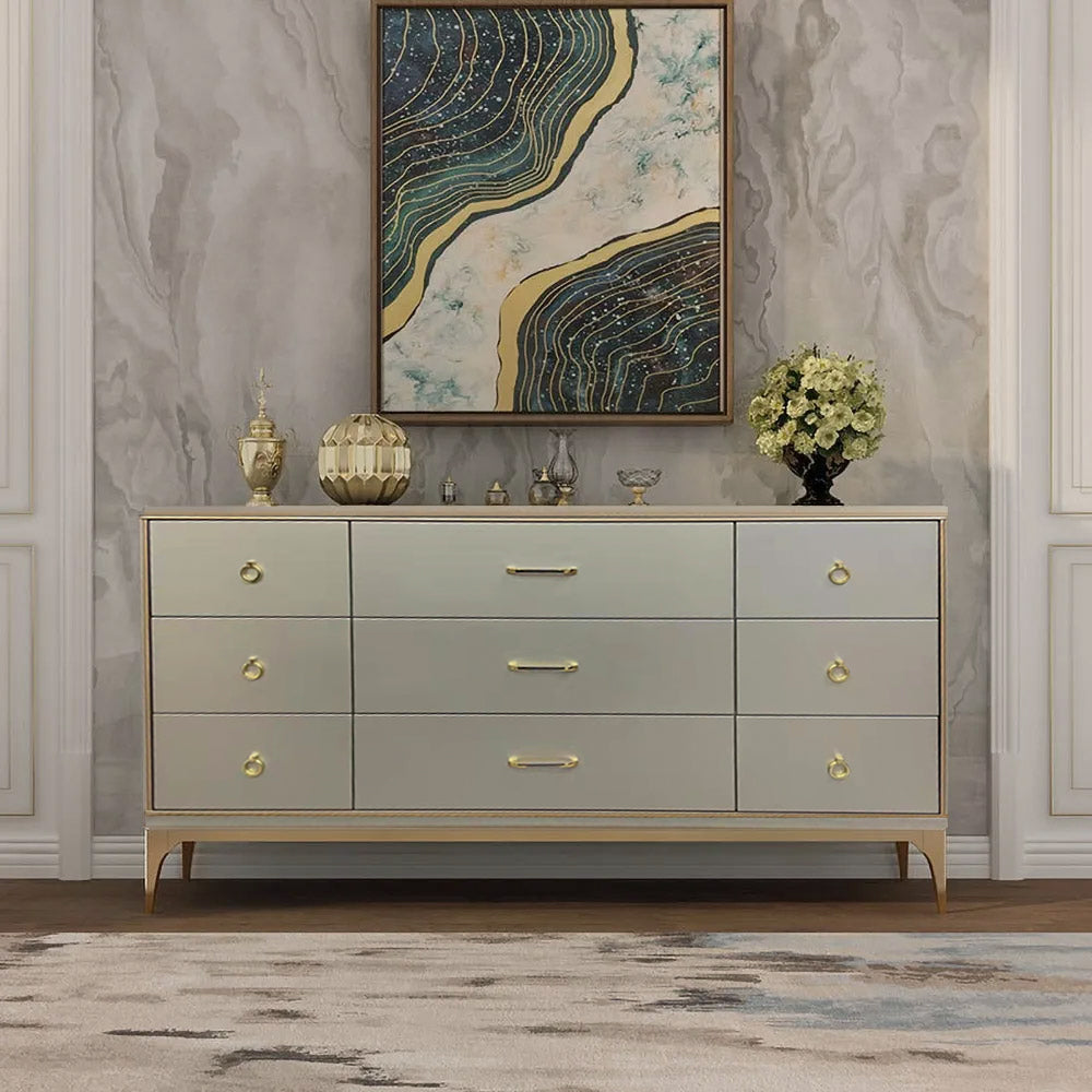 1600mm Contemporary 9-Drawer Champagne Bedroom Dresser for Storage in Gold