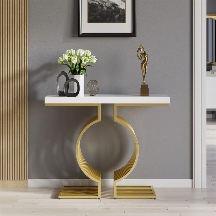 Narrow White Hall Table with Geometric Gold Metal Base