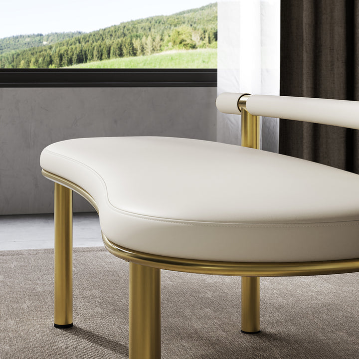 Curvice Off-White Curved Dining Bench with Back Faux Leather Stainless Steel in Gold