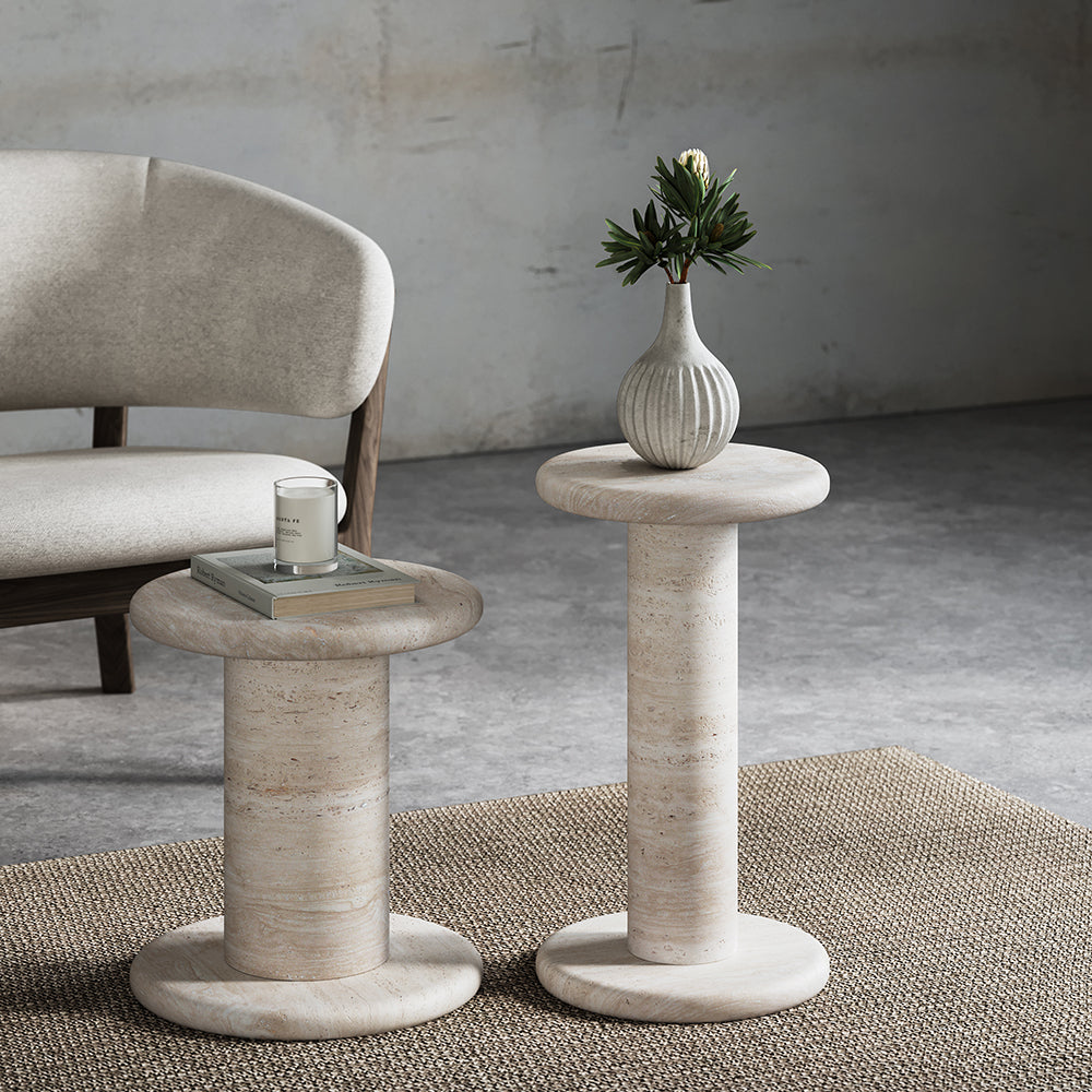 Beige Round Travertine Side Table 320mm Modern End Table