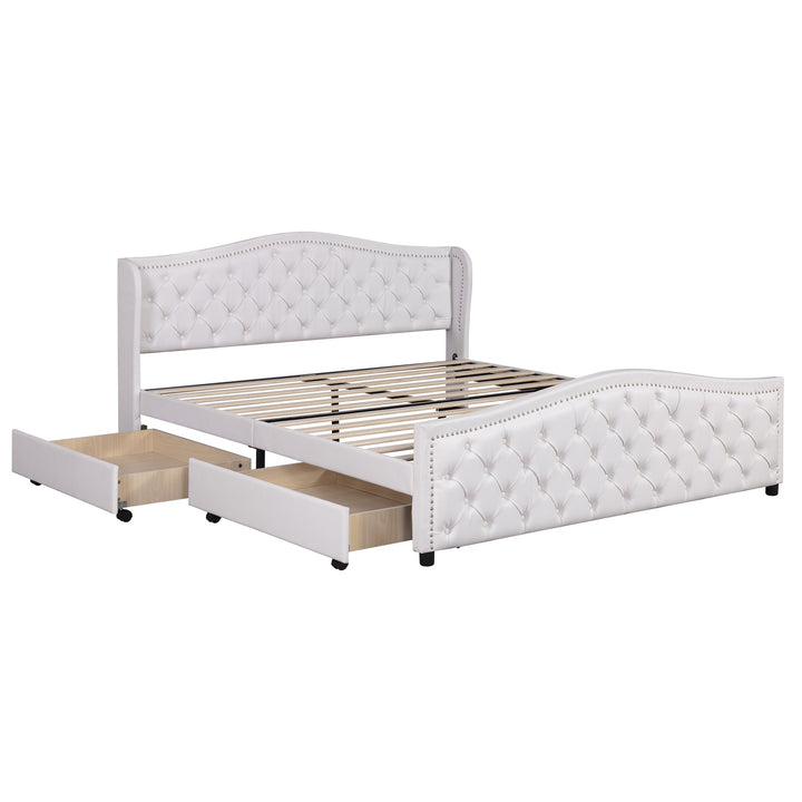 Double Upholstered Bed with Slatted Frame and 2 Drawers