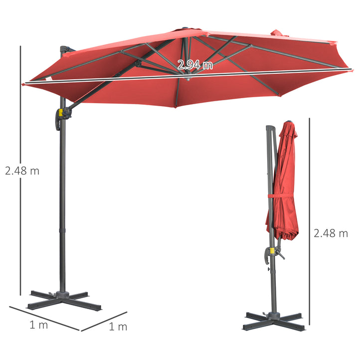 3 x 3(m) Cantilever Parasol with Cross Base Crank Handle - Wine Red