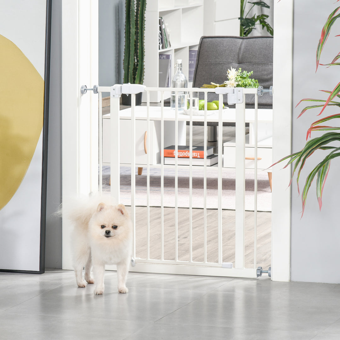 Pet Metal Safety Gate Pressure Fitted Stair Barrier for Dog Expandable Fence w/ Auto-Close Door Double Locking System 74-84cm White