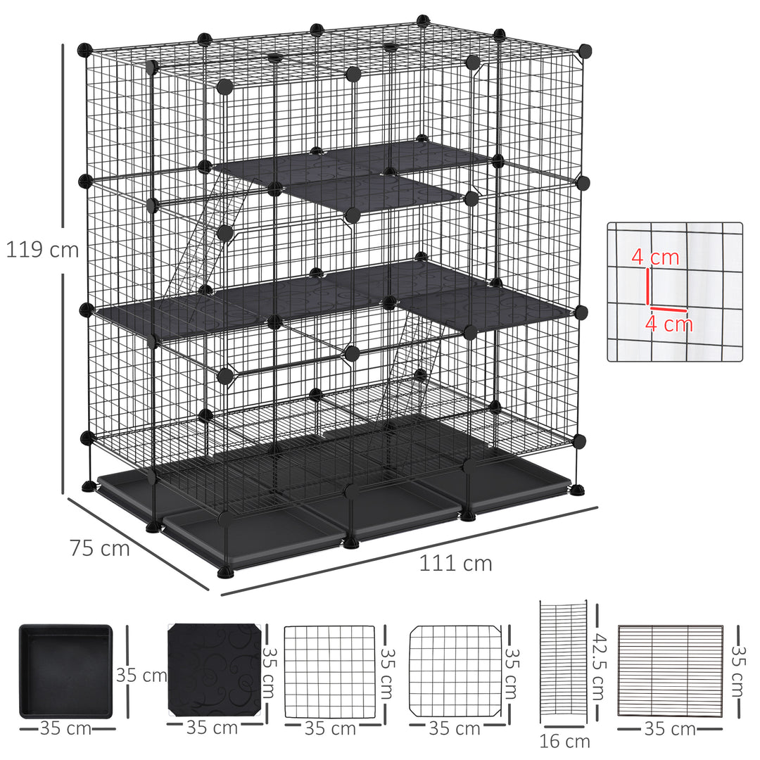 3 Level DIY Pet Playpen Metal Small Animal Cage Guinea Pig Rabbit Ferret Chinchillas Cage 4 Doors Bottom Trays Black