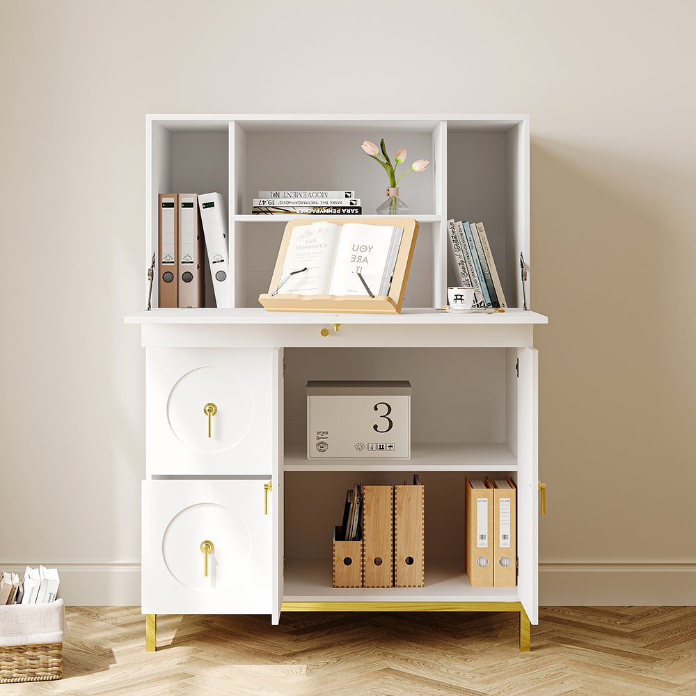 1000mm Modern White & Gold Secretary Desk with 3 Drawers and 3 Doors Flip Design